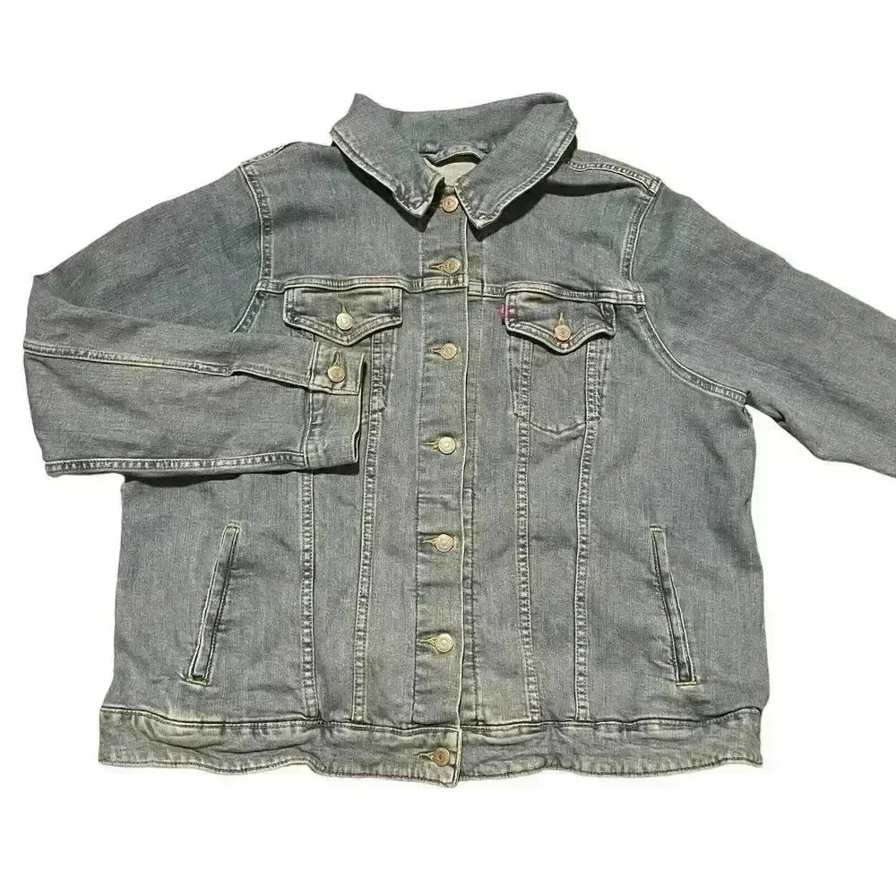Levis Denim Jacket Womens 3X Blue Top Distressed Trucker Long Sleeve